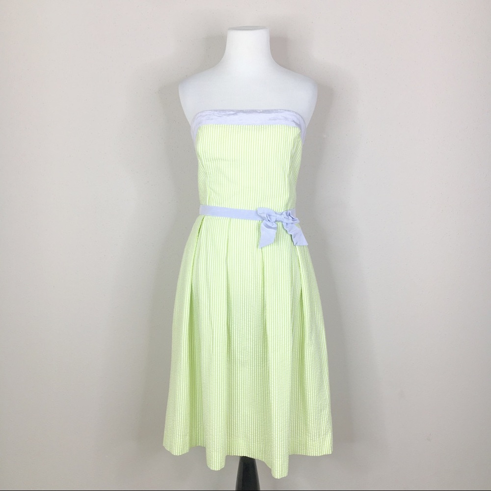 Talbots Strapless Seersucker Dress in Light Yellow with White Trim